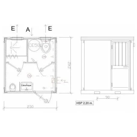 Unité sanitaire SDU avec toilettes, douche, lavabo et urinoir